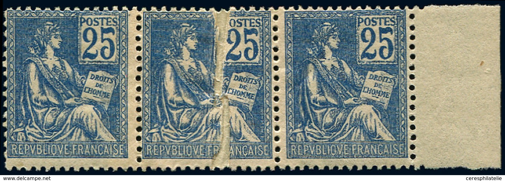 ** VARIETES - 118   Mouchon, 25c. Bleu Foncé, BANDE De 3 Avec Joli PLI ACCORDEON S. Un RACCORD, Bdf, Spectaculaire Et TT - Unused Stamps