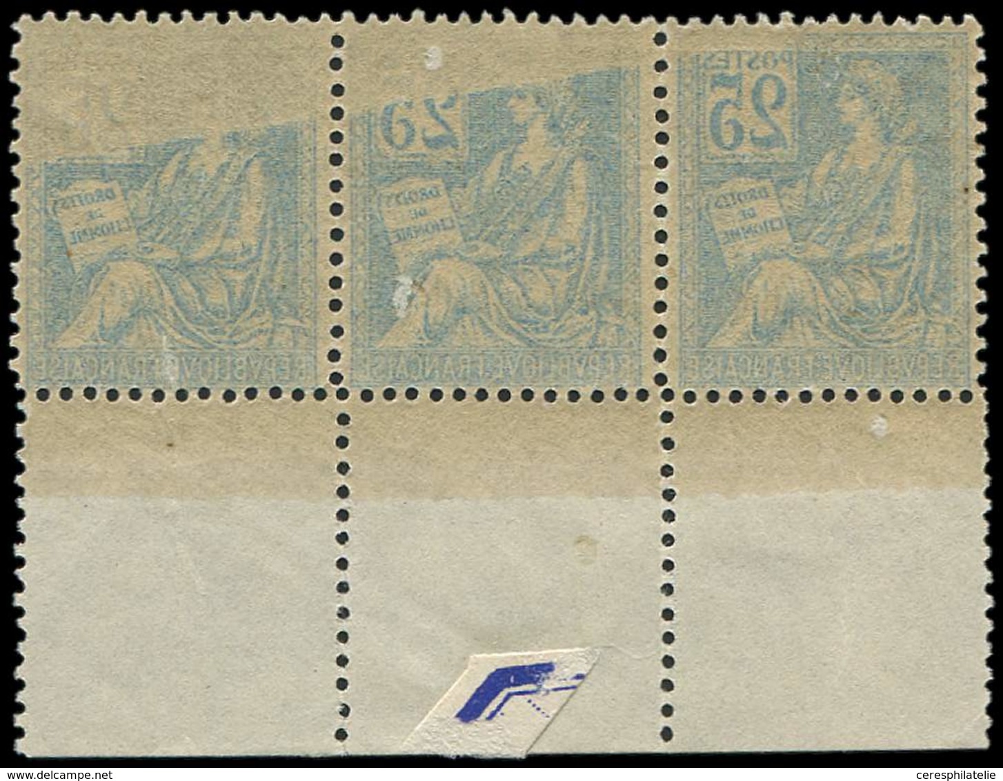 ** VARIETES - 118   Mouchon, 25c. Bleu, BANDE De 3 RECTO-VERSO, Bdf, 2 Infimes éclats De G. S. 1 T., Très Bon Centrage,  - Nuevos