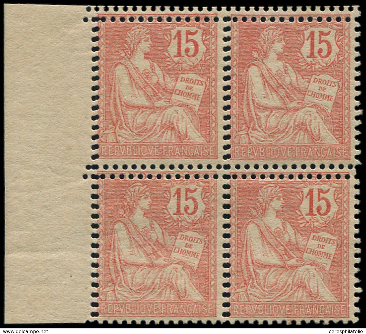 ** VARIETES - 125   Mouchon Retouché, 15c. Vermillon, BLOC De 4 Bdf, DOUBLE Piquage, PAIRE Supérieure *, TB - Unused Stamps