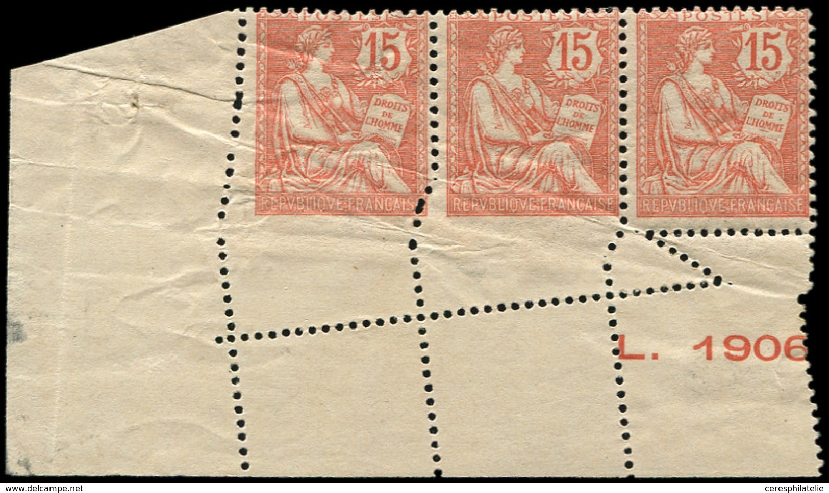 * VARIETES - 125   Mouchon Retouché, 15c. Vermillon, BANDE De 3 Cdf Avec Variété De PIQUAGE, 2 Ex. Cl., Sinon TB - Unused Stamps