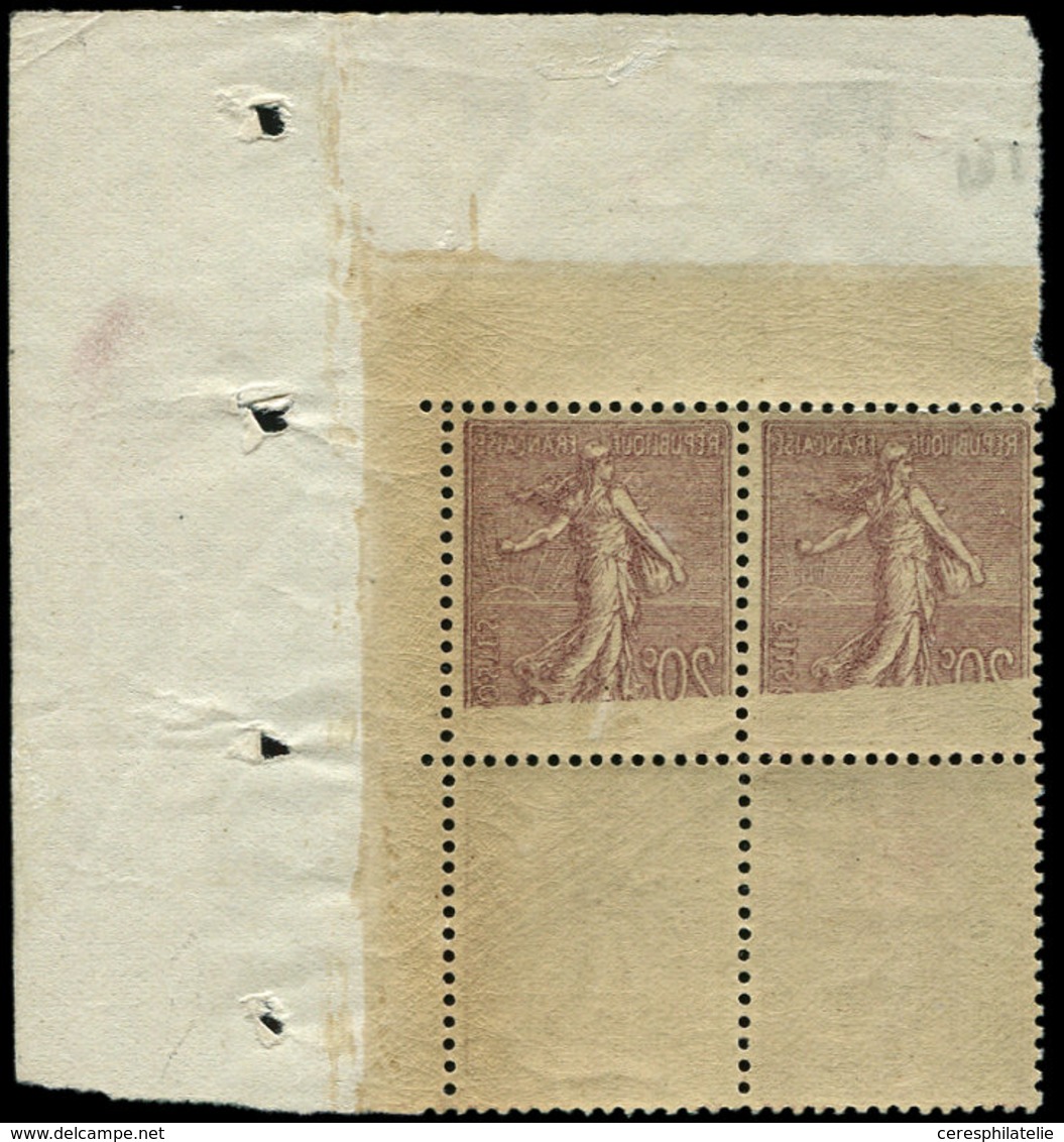 ** VARIETES - 131c  Semeuse Lignée, 20c. Brun-lilas, 2 Ex. RECTO-VERSO Partiel Dans Un BLOC De 4 Cdf, Spectaculaire Et T - Unused Stamps