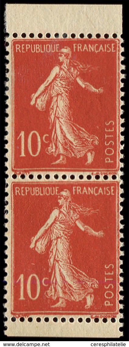 ** VARIETES - 135d  Semeuse Chiffres Maigres, 10c. Rouge, PAIRE Verticale De Carnet Avec Bords, TB - Unused Stamps