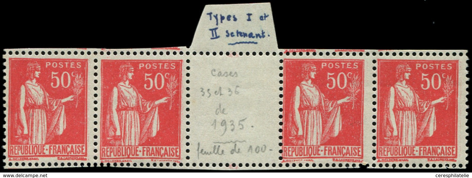 ** VARIETES - 283   Paix, 50c. Rose-rouge, BANDE De 4 Interp., 2 Ex. T IIA, RR Et TB - Unused Stamps