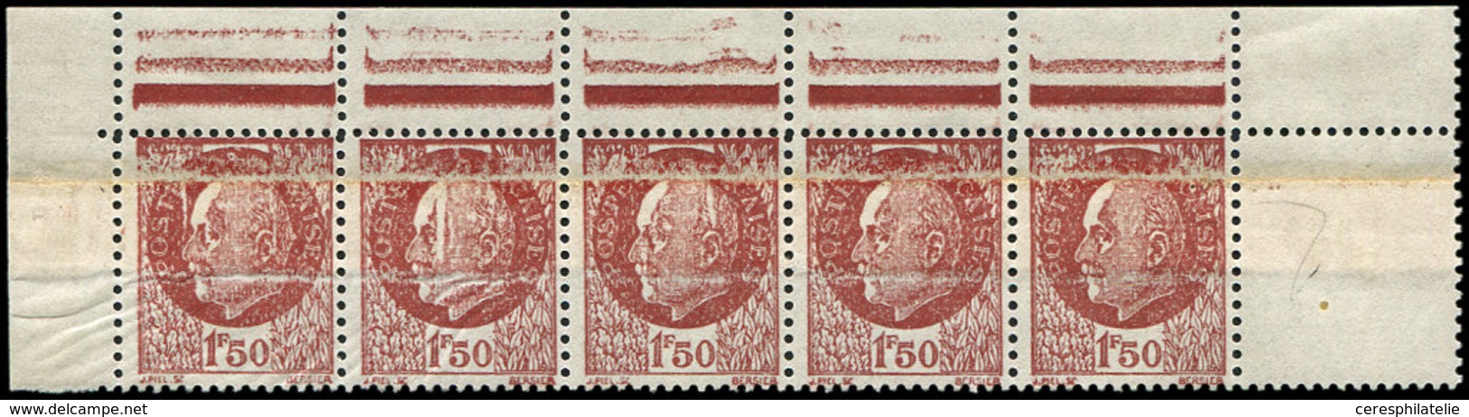 ** VARIETES - 517   Pétain,  1f.50 Brun, 5 Ex. IMPRESSION Sur RACCORD, En BANDE, Bdf, TB - Unused Stamps