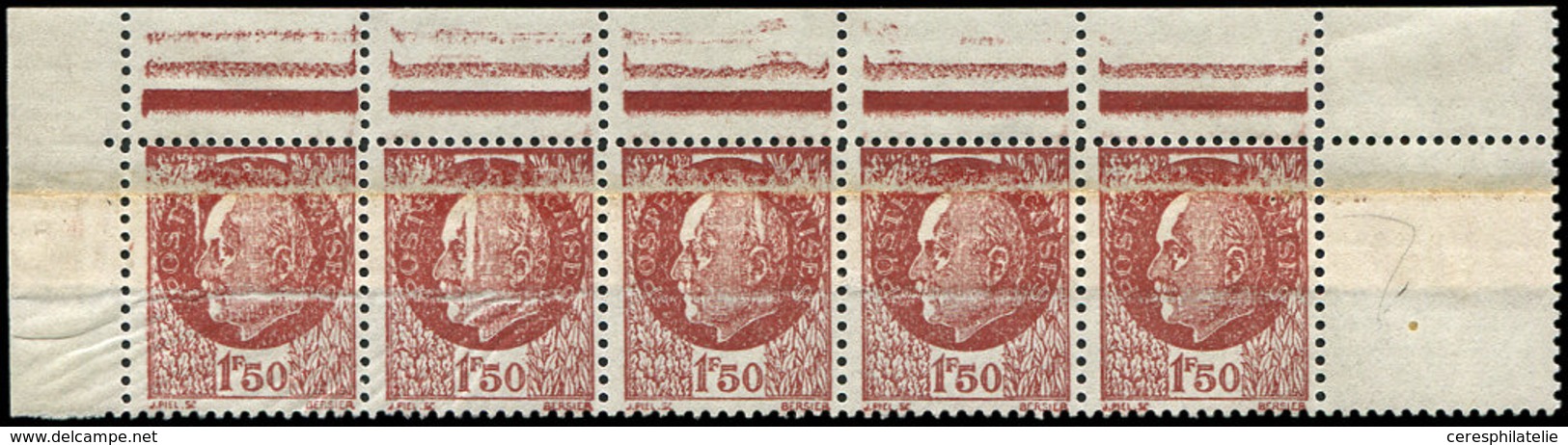 ** VARIETES - 517   Pétain,  1f.50 Brun, 5 Ex. IMPRESSION Sur RACCORD, En BANDE, Bdf, TB - Ongebruikt