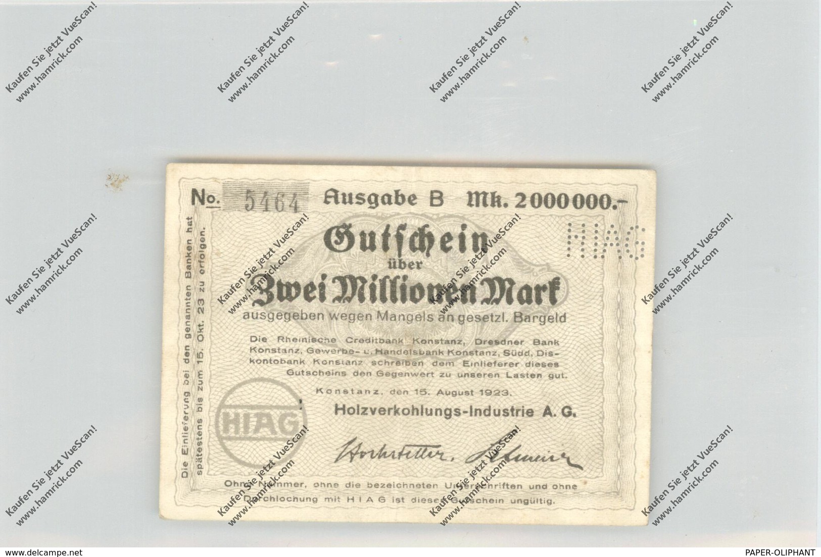 BANKNOTE - DEUTSCHLAND / GERMANY, Notgeld, 1923, Konstanz, HIAG, 2 Millionen Mark - [11] Emissioni Locali