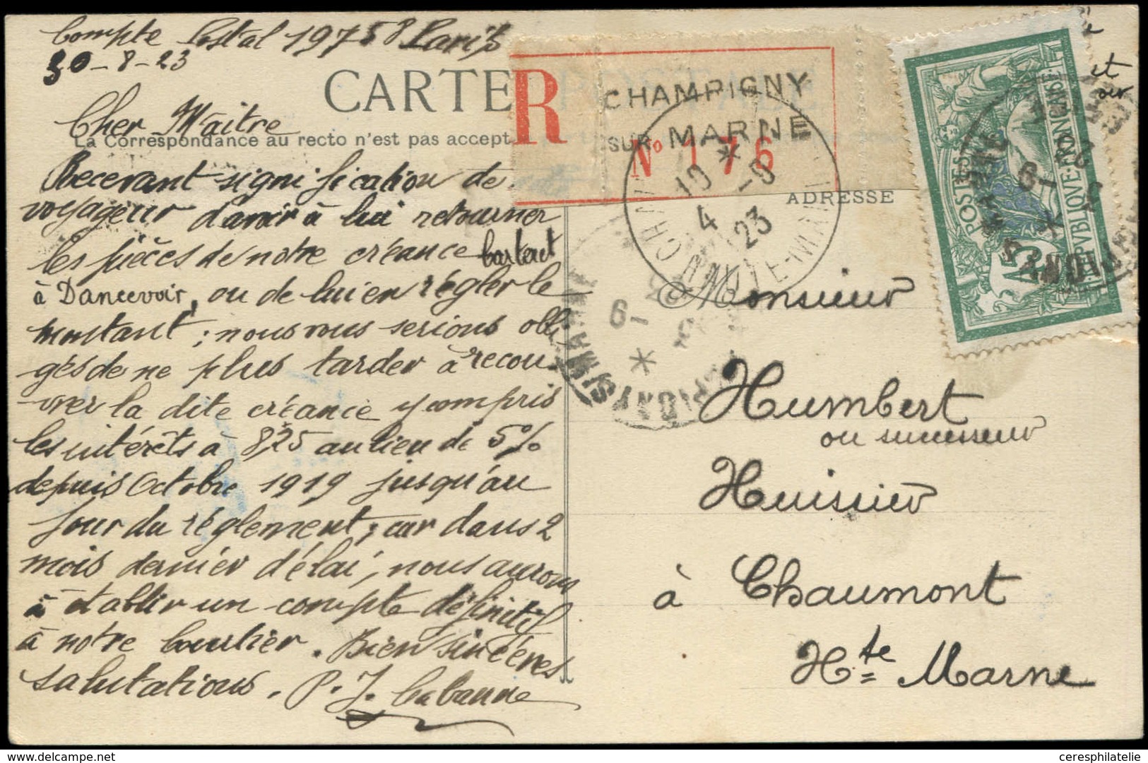 Let LETTRES DU XXe SIECLE - N°143 Obl. Càd Champigny/Marne 4/9/23 S. CP Ill. + 5 Mots, TB - Covers & Documents