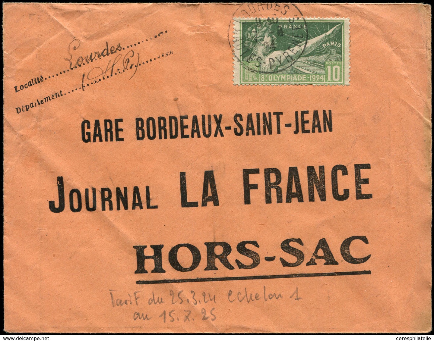 Let LETTRES DU XXe SIECLE - N°183 7/8/24 Lourdes, Impr. Et Assimilés, Pli "Hors Sac", TB - Covers & Documents