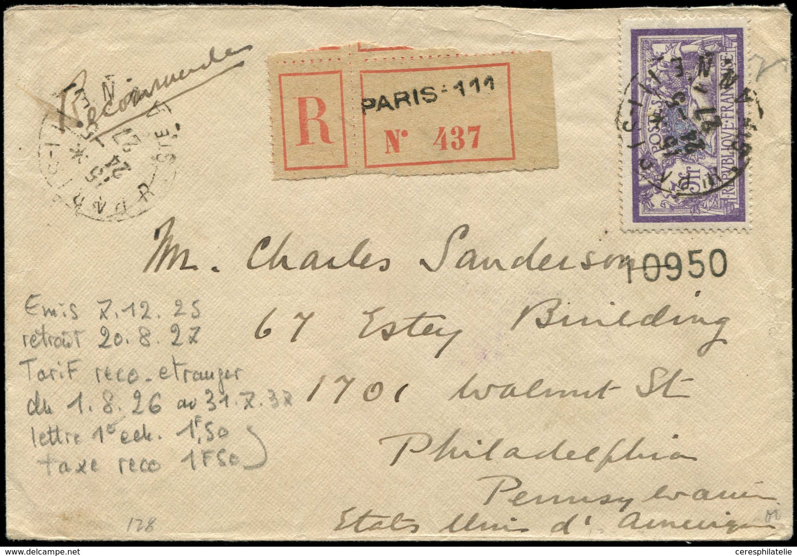 Let LETTRES DU XXe SIECLE - N°206 24/5/27 Paris, Env. Rec. P. L'Etranger, TB - Covers & Documents