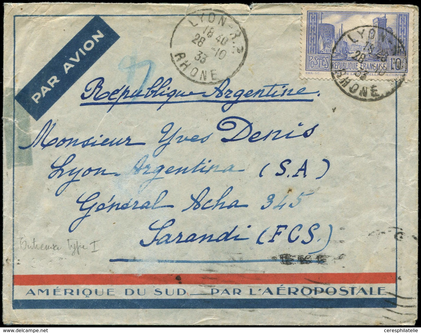 Let LETTRES DU XXe SIECLE - N°261 28/10/33, Env. Par Avion/ARGENTINE, Lettre Ordinaire, TB - Covers & Documents