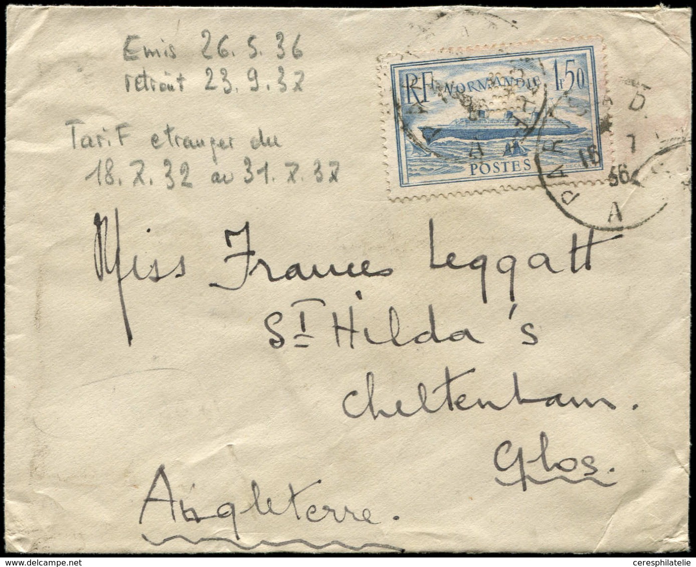 Let LETTRES DU XXe SIECLE - N°300 16/7/36 Angleterre, Lettre Ordinaire P. L'Etranger, TB - Covers & Documents