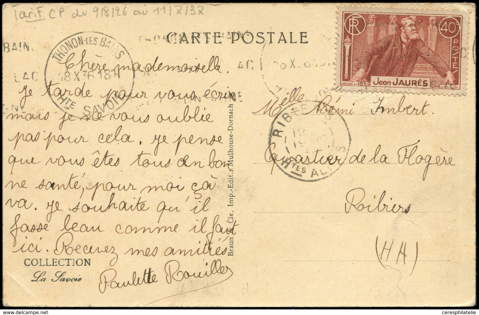 Let LETTRES DU XXe SIECLE - N°318 18/10/36 Thonon-L-B, CP + 5 Mots Ordinaires, TB - Covers & Documents