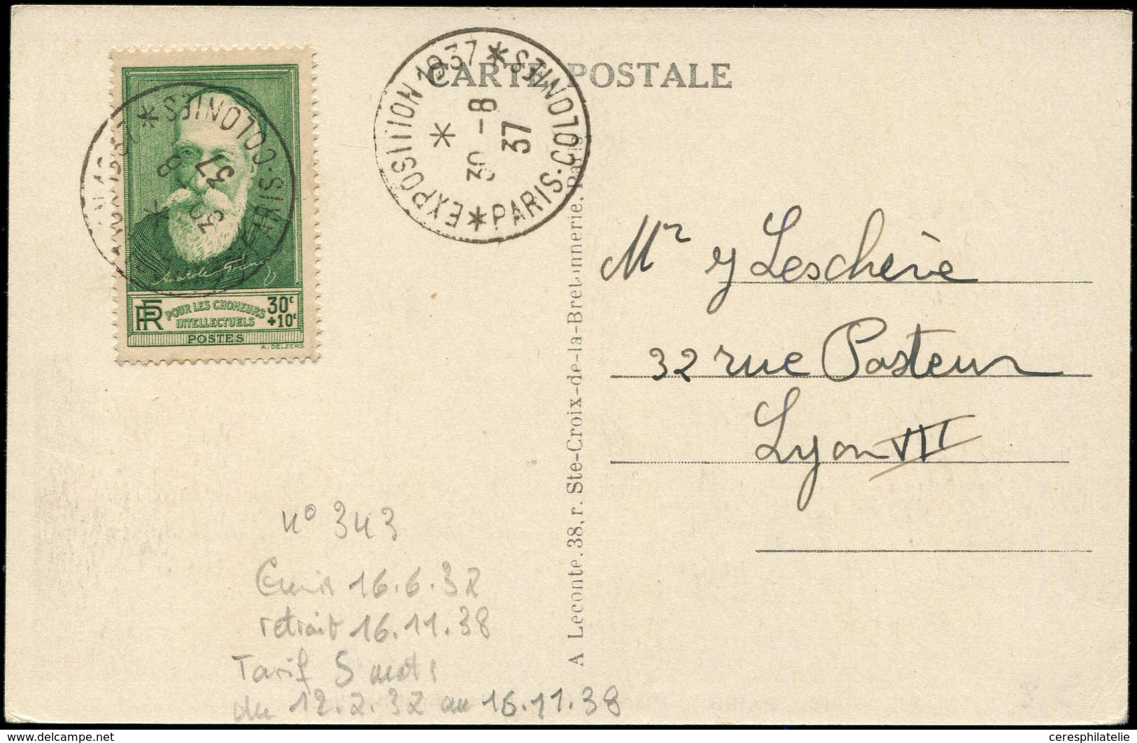 Let LETTRES DU XXe SIECLE - N°343 30/8/37, CP Ill., 5 Mots Ordinaires, TB - Covers & Documents