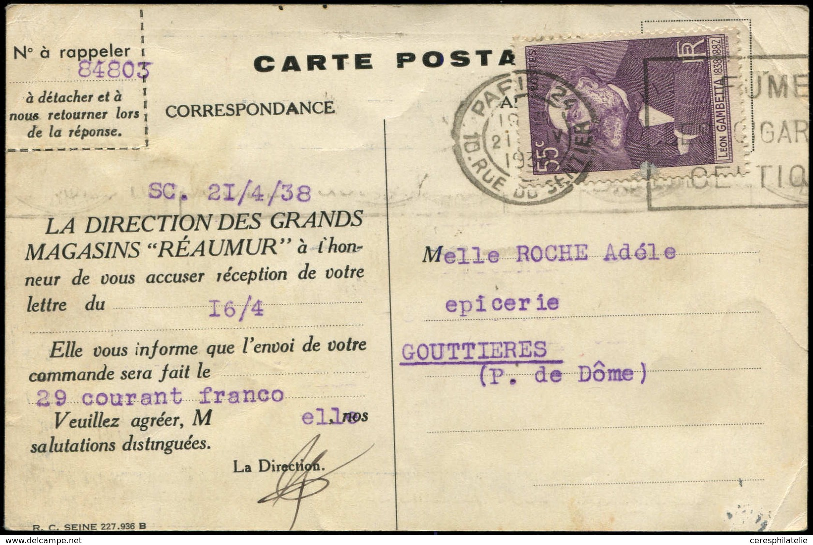 Let LETTRES DU XXe SIECLE - N°378 21/4/38, CP Ill. + 5 Mots Ordinaires, TB - Covers & Documents