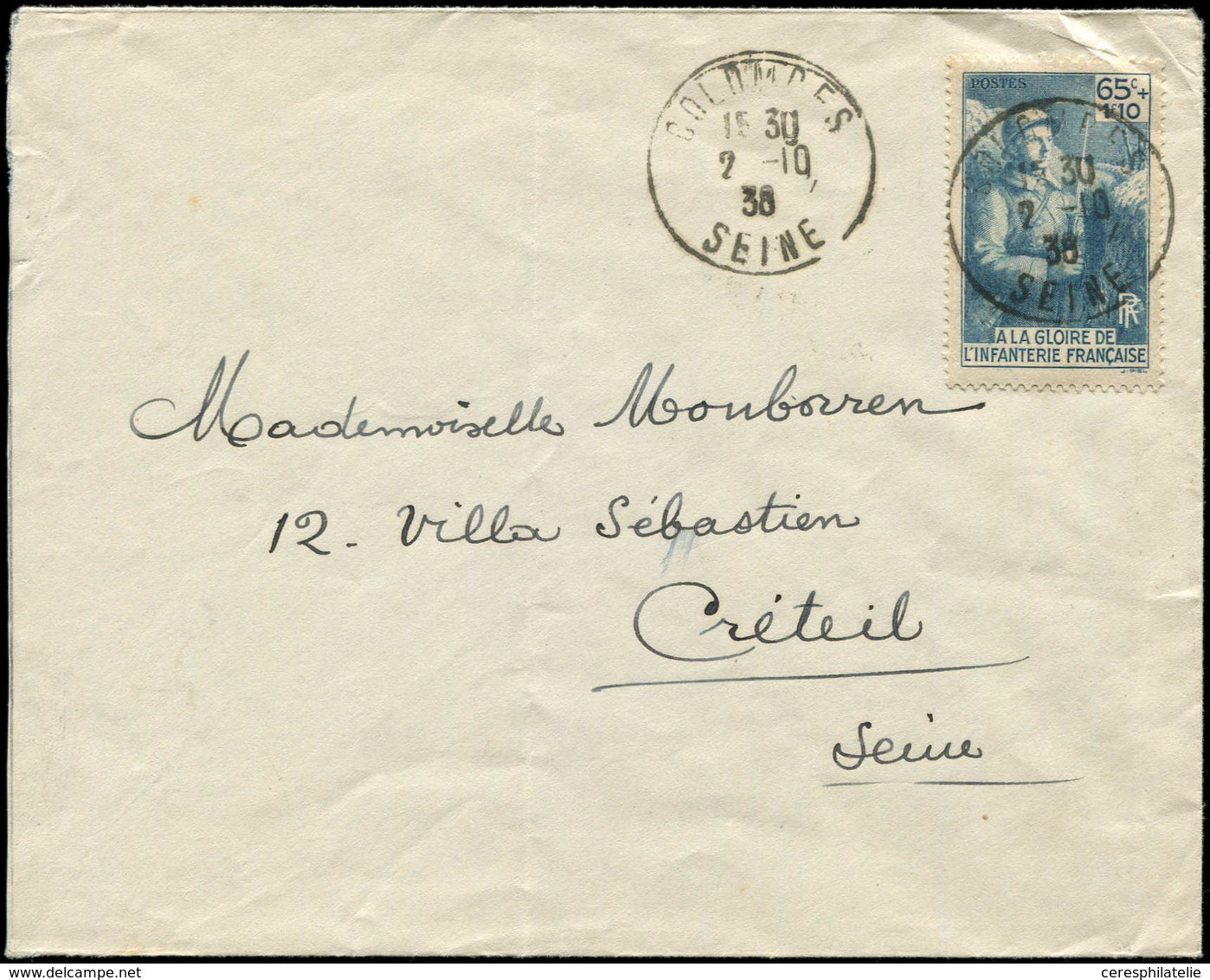 Let LETTRES DU XXe SIECLE - N°387 2/10/38 Colombes S. Env., TB - Covers & Documents