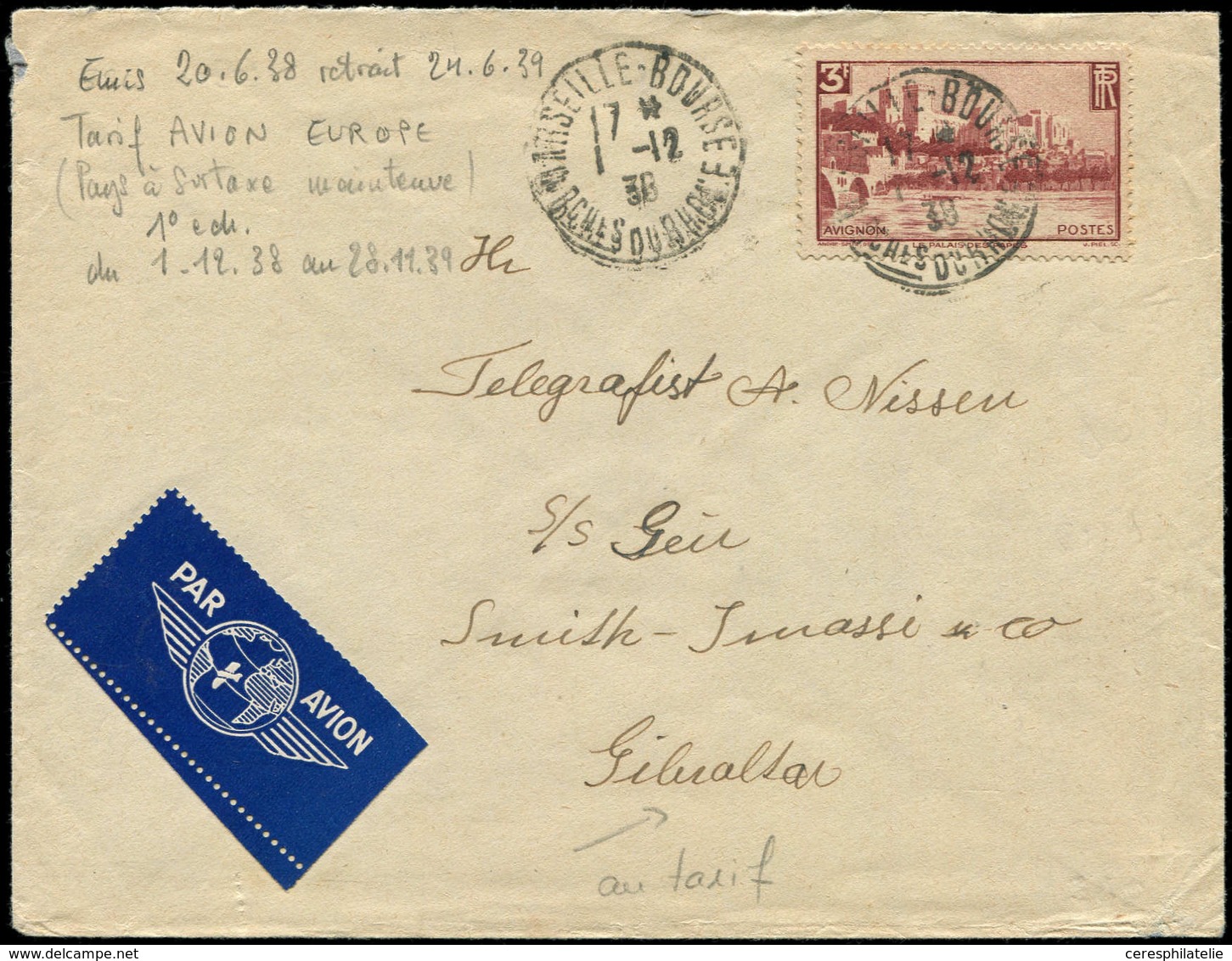 Let LETTRES DU XXe SIECLE - N°391 1/12/38 Marseille, Env. PA P. L'Etranger, TB - Covers & Documents