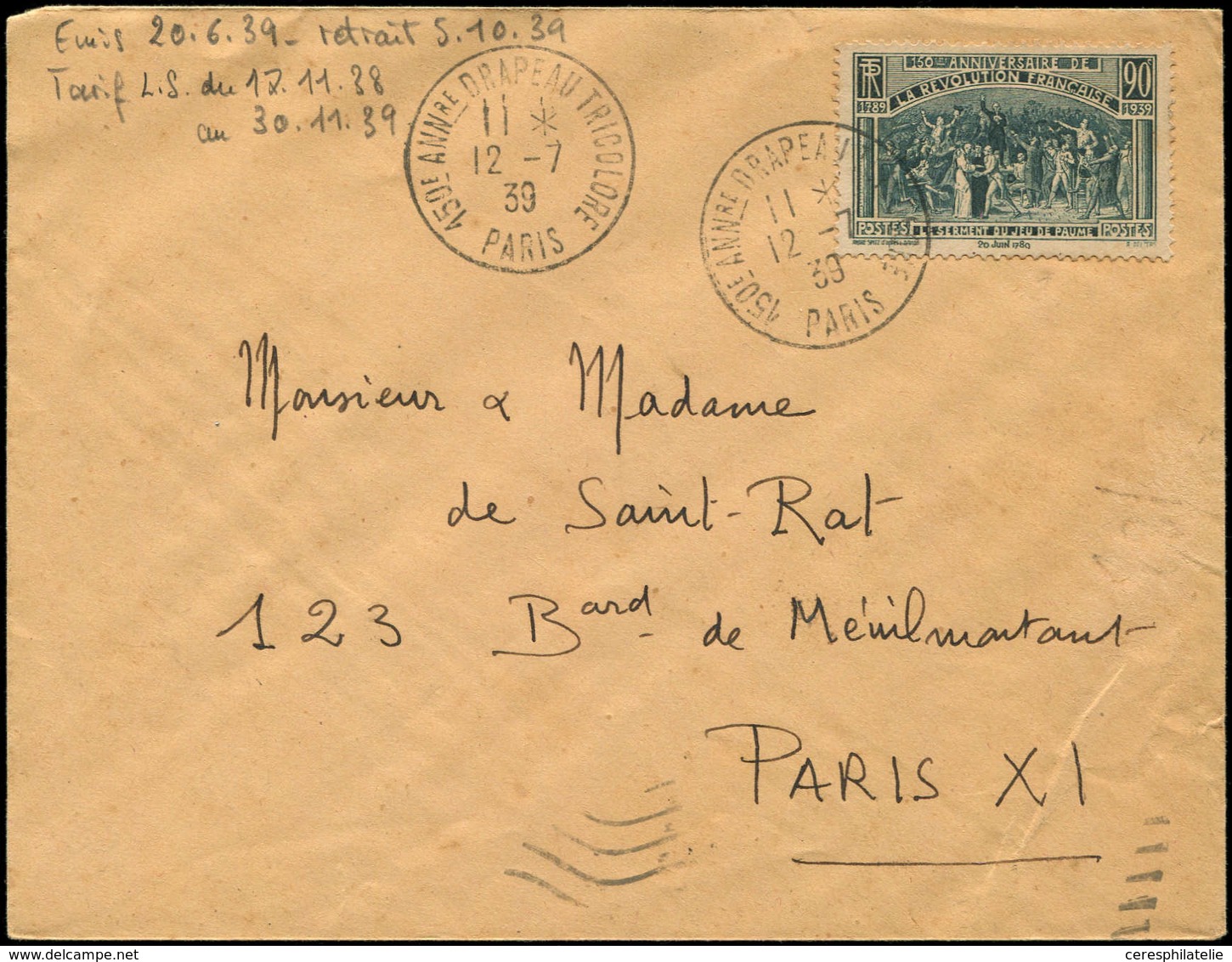 Let LETTRES DU XXe SIECLE - N°444 12/7/39, Paris S. Env., TB - Covers & Documents