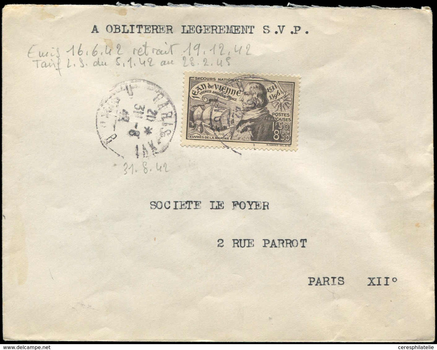 Let LETTRES DU XXe SIECLE - N°544 Obl. 31/8/42 S. Env. Intérieure, TB - Covers & Documents