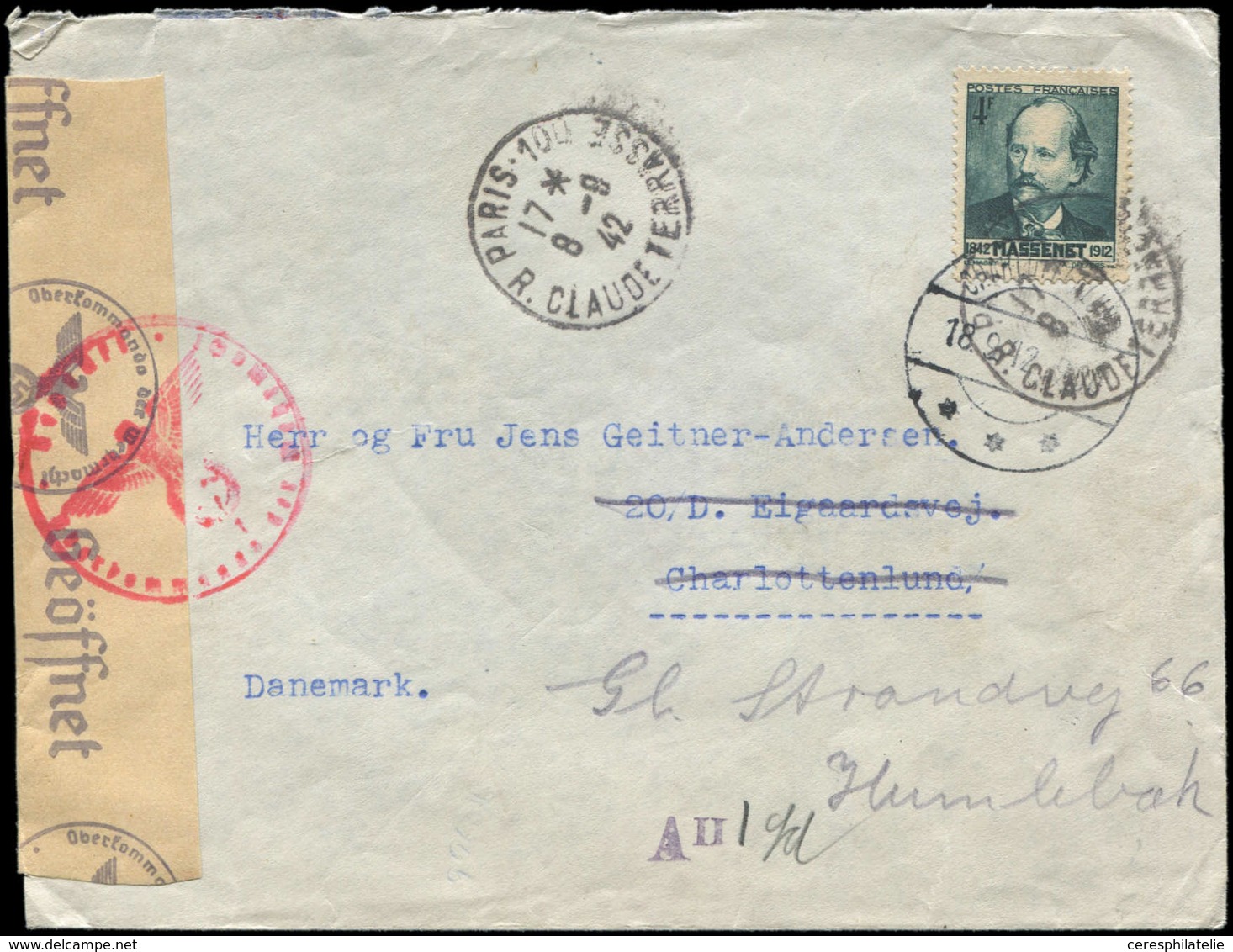 Let LETTRES DU XXe SIECLE - N°545 Obl. Càd 8/9/42 S. Env. Censurée P. Le Danemark, TB - Covers & Documents