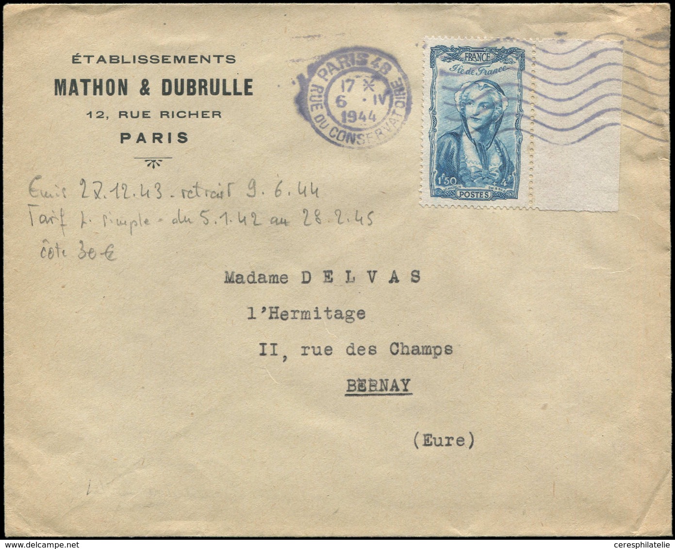 Let LETTRES DU XXe SIECLE - N°595 Obl. 6/4/44 S. Env., TB - Lettres & Documents