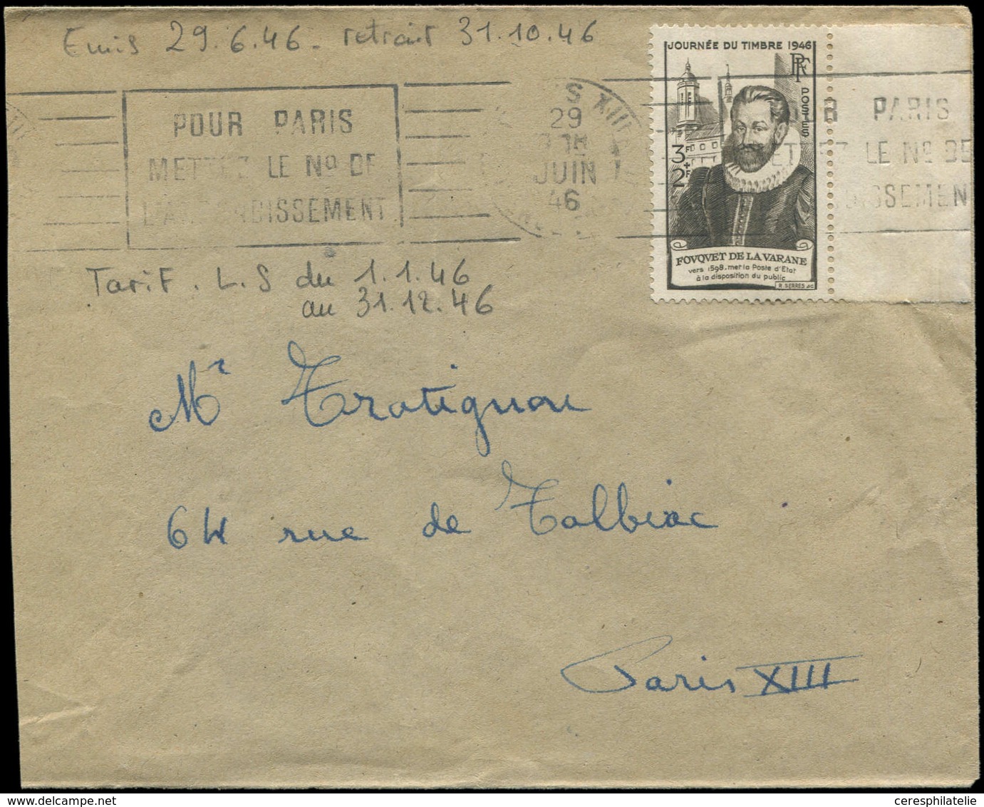 Let LETTRES DU XXe SIECLE - N°754 Obl. Càd Paris 29/6/46 S. Env. Ordinaire, TB - Covers & Documents