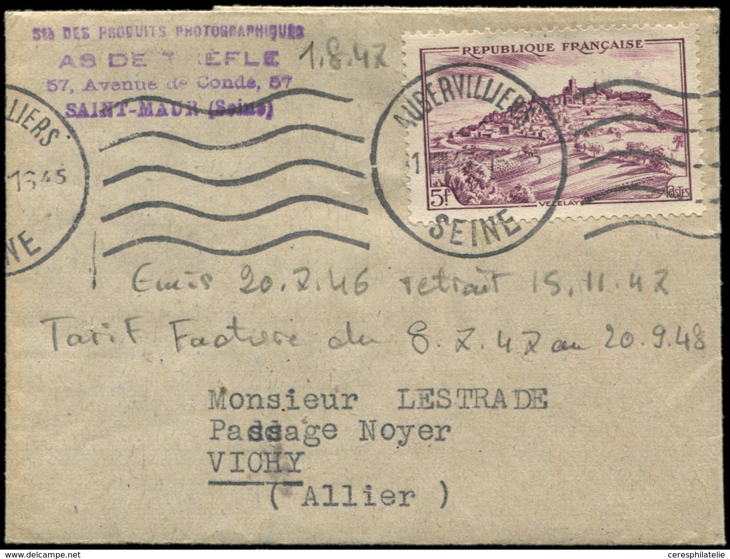 Let LETTRES DU XXe SIECLE - N°759 Obl. 1/8/47 S. Facture Ordinaire, TB - Covers & Documents