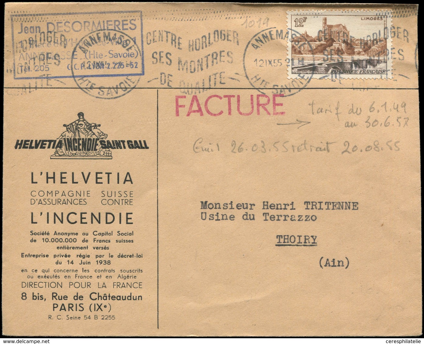 Let LETTRES DU XXe SIECLE - N°1019 Obl. Càd Annemasse 12/9/55 S. Facture, TB - Covers & Documents