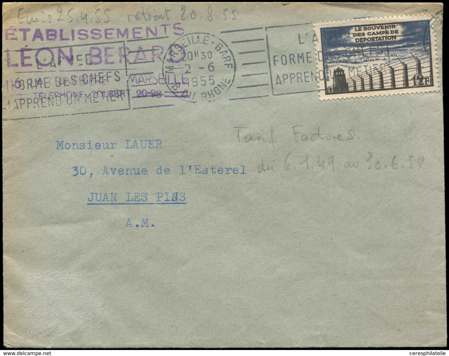 Let LETTRES DU XXe SIECLE - N°1023 Obl. 2/6/55 S. Env. Ciale, TB - Covers & Documents