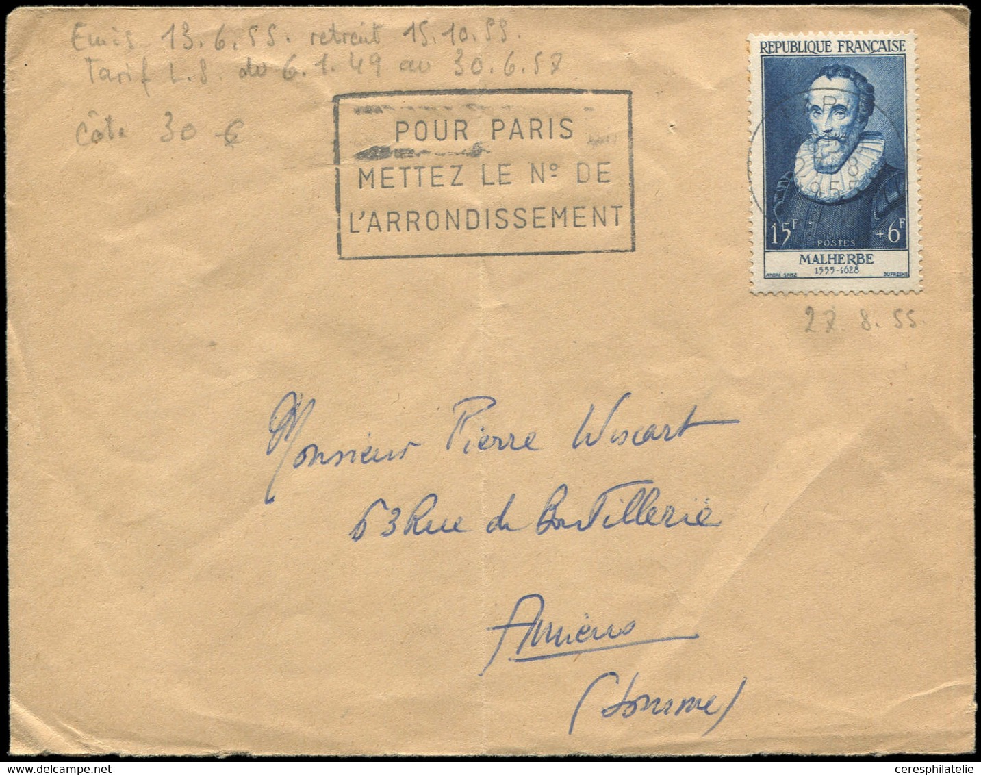 Let LETTRES DU XXe SIECLE - N°1028 Obl. Amiens 27/8/55 S. Env. Ordinaire, TB - Lettres & Documents