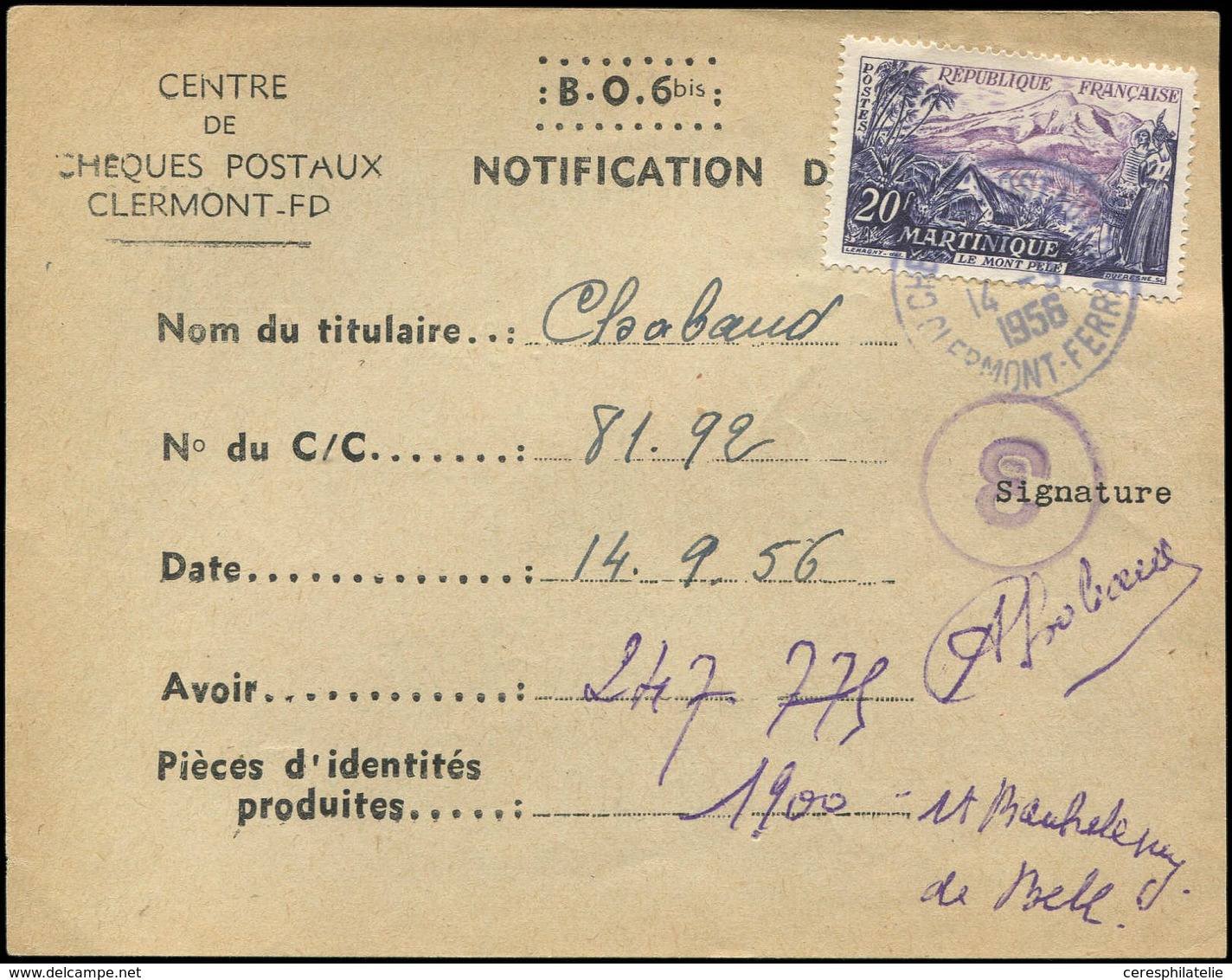 Let LETTRES DU XXe SIECLE - N°1041 Obl. Clermont-Ferrand 14/5/56 S. Notification D'avoir, TB - Lettres & Documents