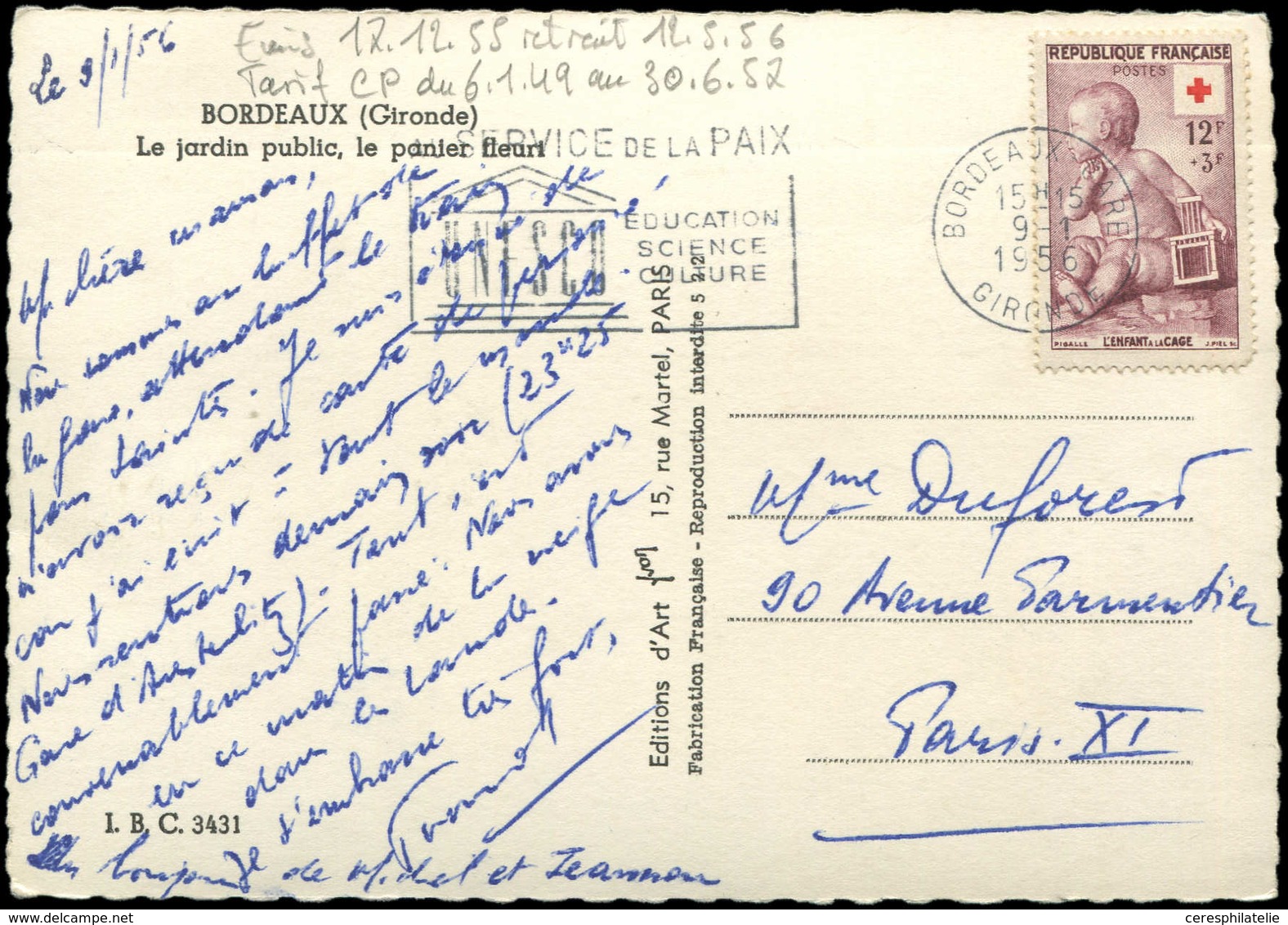 Let LETTRES DU XXe SIECLE - N°1048 Obl. Càd Bordeaux 9/1/56 S. CP Ill. + 5 Mots, TB - Covers & Documents