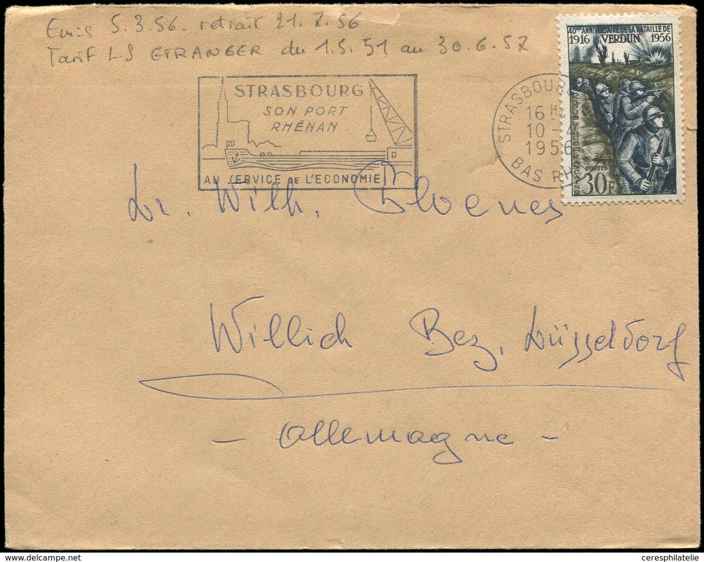 Let LETTRES DU XXe SIECLE - N°1053 Obl. Càd Strasbourg 10/4/56 S. Env. Ordinaire, TB - Covers & Documents