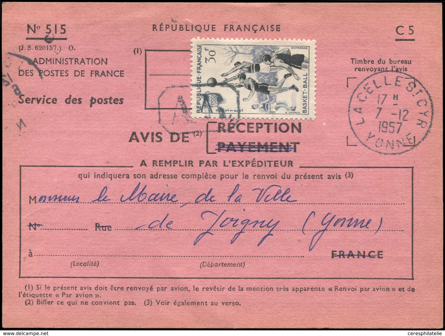 Let LETTRES DU XXe SIECLE - N°1072 Obl. La Celles St Cyr 7/12/57 S. Imprimé, TB - Covers & Documents