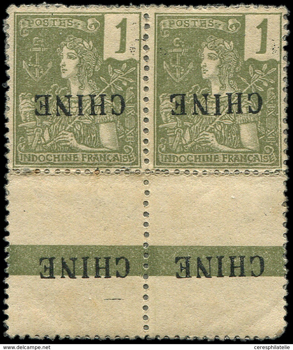 * CHINE 49b : 1c. Olive, PAIRE Avec Surch. Renv. S. Bdf, Rouss., TB - Other & Unclassified