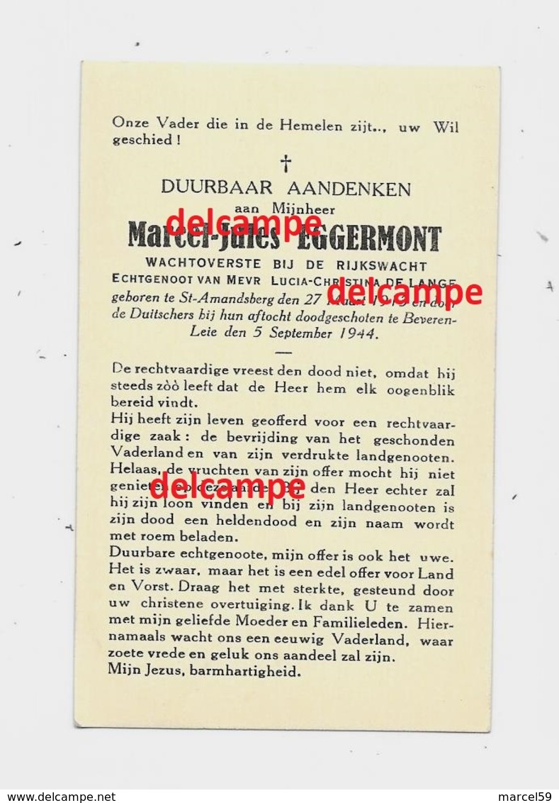 Oorlog GUERRE Marcel Eggermont Sint Amandsberg Rijkswacht Gendarmerie Gesneuveld Te Beveren September 1944 De Lange - Imágenes Religiosas