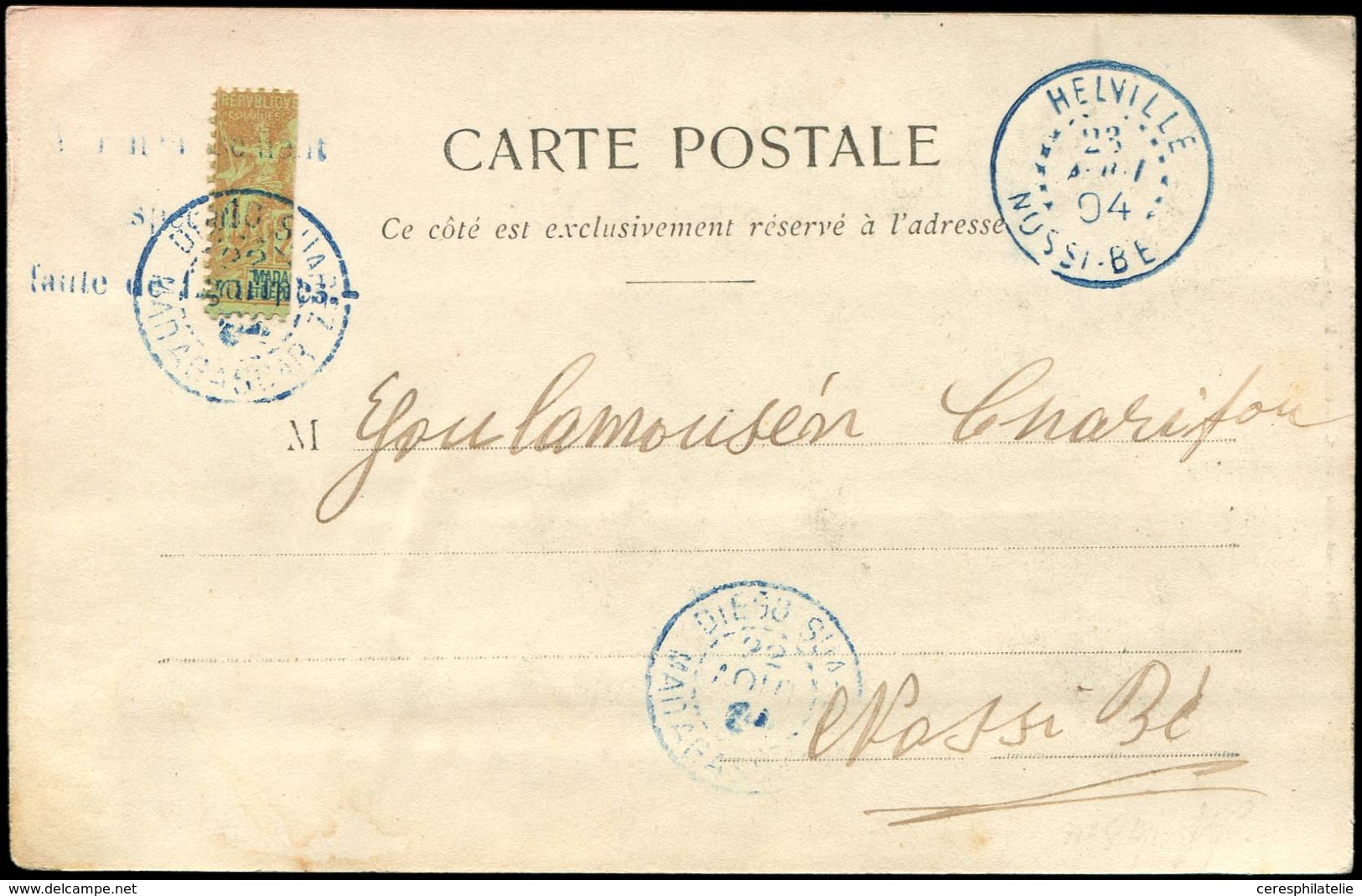 Let MADAGASCAR 84 : Moitié De 20c. Brique Sur Vert Obl. DIEGO SUAREZ S. CP Avec Càd HELVILLE NOSSI-BE, 1904, TB - Other & Unclassified