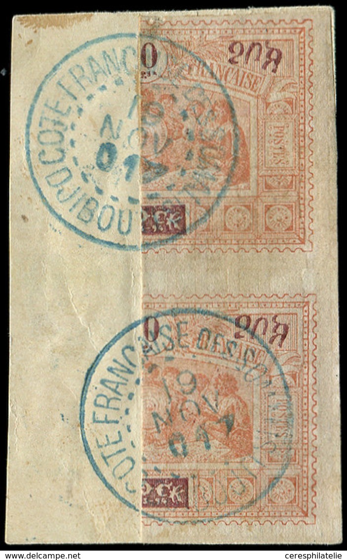 OBOCK 53a : Moitié De 20c. Orange Et Brun-violet, PAIRE Verticale Obl. S. Fragt, TB - Other & Unclassified