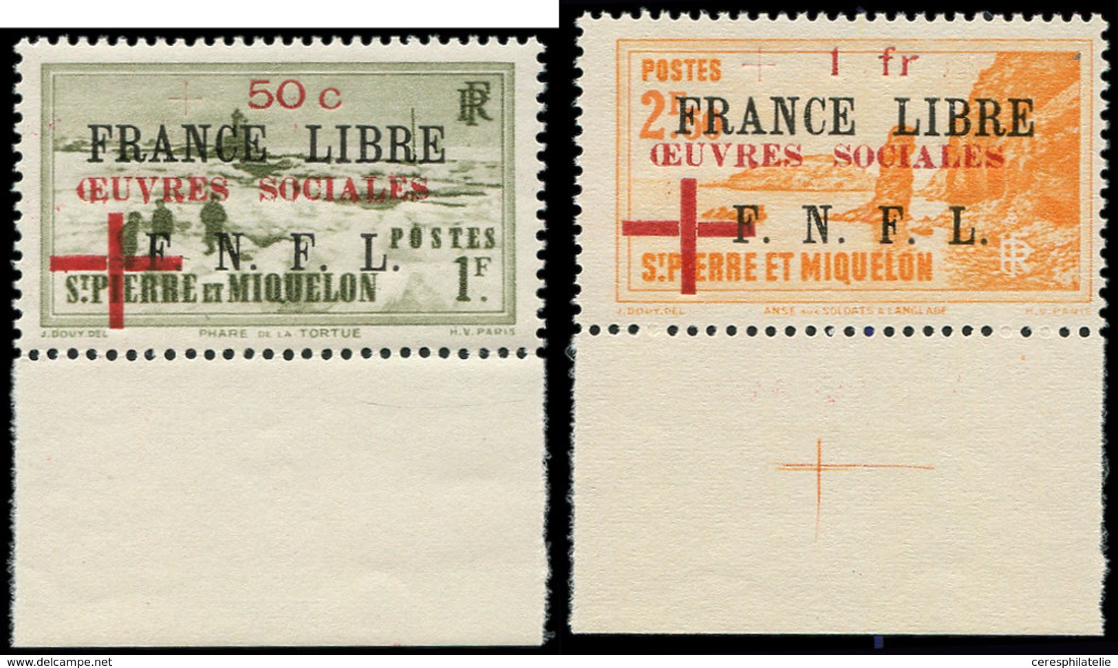 ** SAINT PIERRE ET MIQUELON 310/11 : +5c. S. 1f. Et 1f. S. 2f., FRANCE LIBRE, Bdf, TB - Unused Stamps