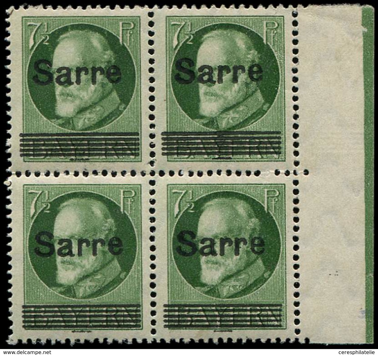 ** SARRE 19 : 7 1/2pf. Vert, BLOC De 4 Bdf, Ch. Sur Un T., TB - Unused Stamps