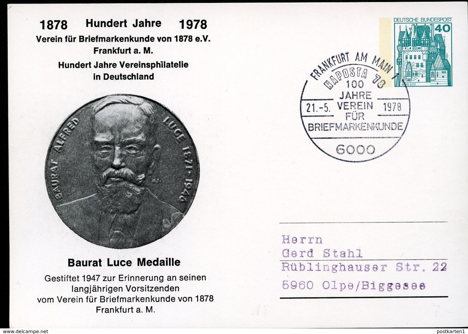Bund PP100 C2/009 BAURAT LUCE MEDAILLE Frankfurt Sost. NAPOSTA 1978 - Cartes Postales Privées - Oblitérées