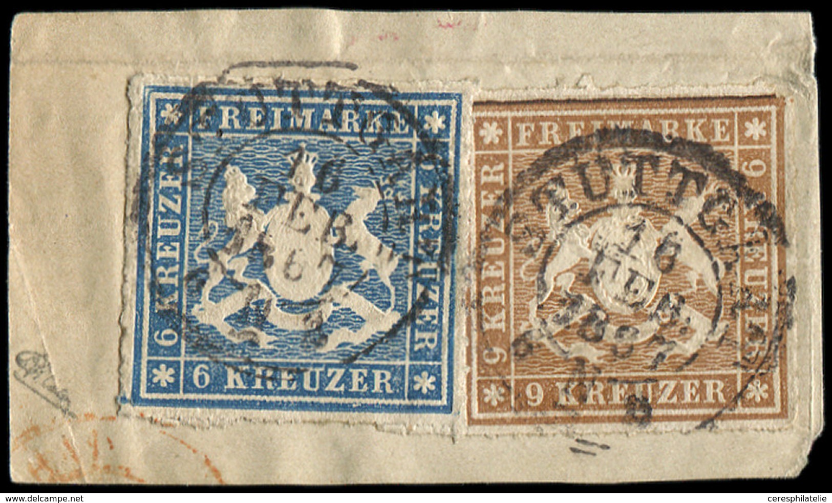 ALLEMAGNE (ANCIENS ETATS) WURTEMBERG 32 Et 34 : 6k. Bleu Et 9k. Brun-jaune, Obl. Stuttgart Sur Fragt, TB - Other & Unclassified