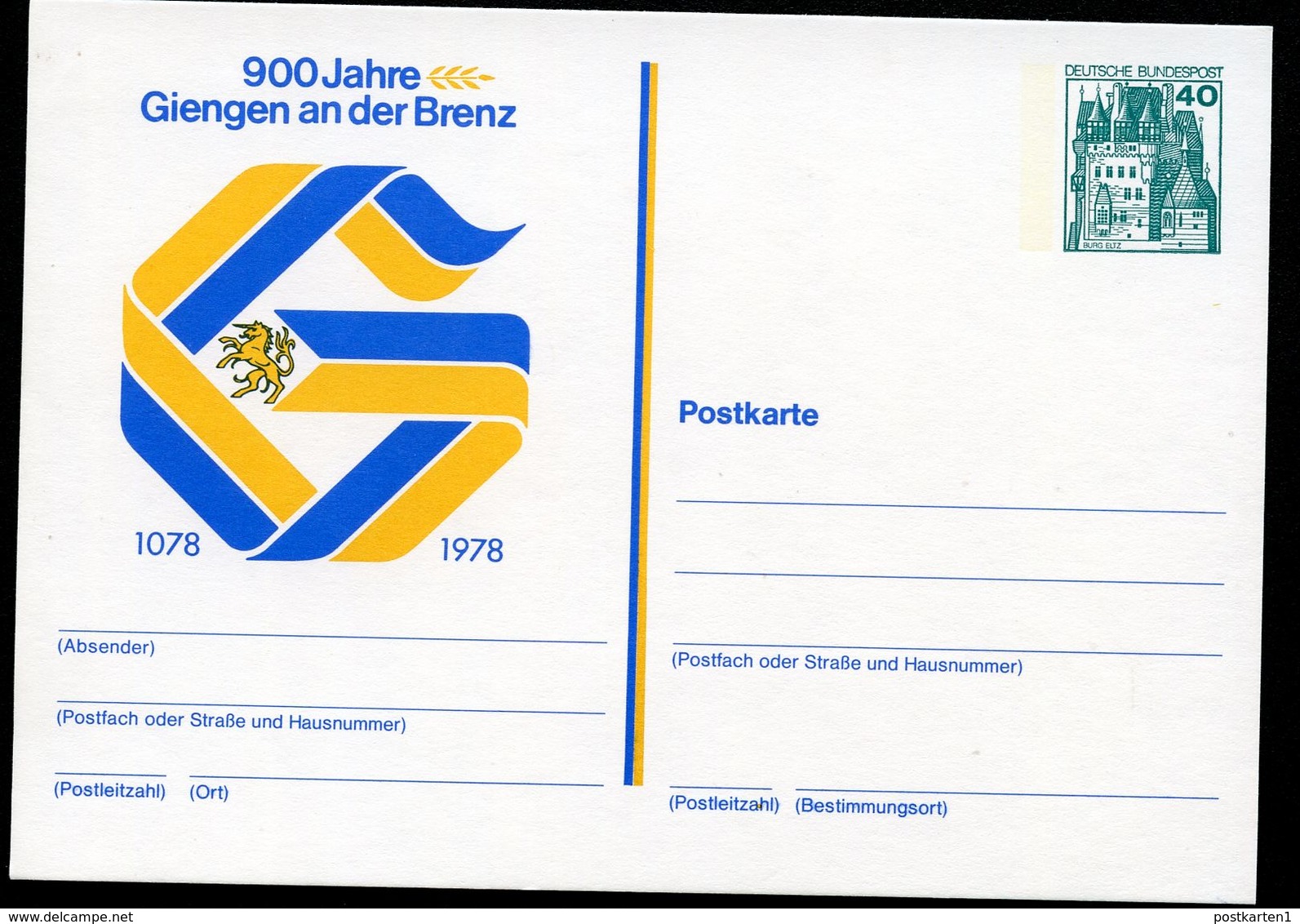 Bund PP100 C2/010 900 J. GIENGEN BRENZ 1978 - Cartes Postales Privées - Neuves