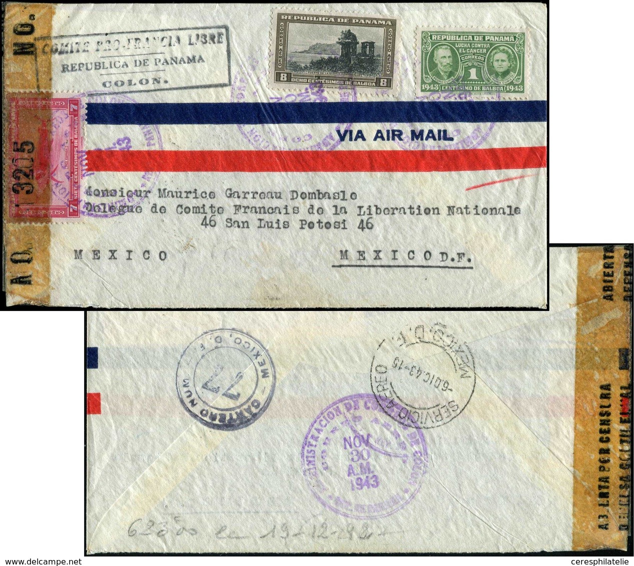 Let PANAMA (REPUBLIQUE) 241 + PA 71 Et 72 Obl. S. Env. Censurée 30/11/43 Pour Mexique, Arr. Le 6/12/43, TB - Panama