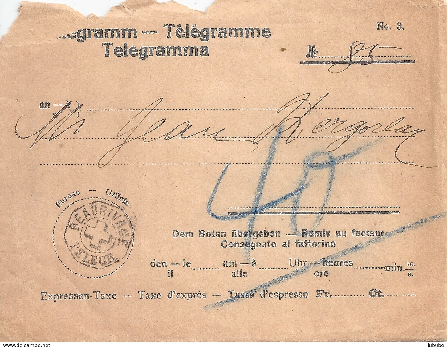 Telegramm (Brief)  "Beaurivage"       Ca. 1900 - Briefe U. Dokumente