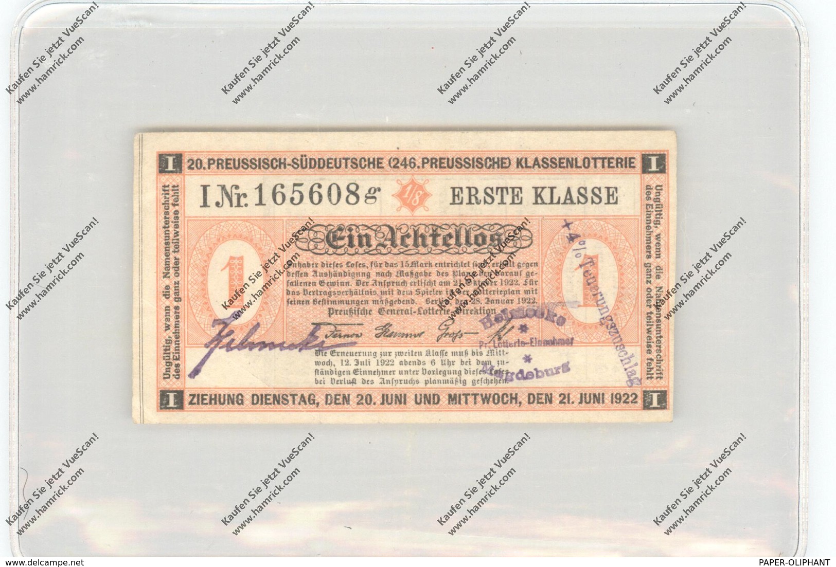 LOTTERIE - Ein Achtellos, 1.Klasse, 20. Preussisch-Süddeutsche Klassenlotterie, 1922, Kl. Knick - Biglietti Della Lotteria