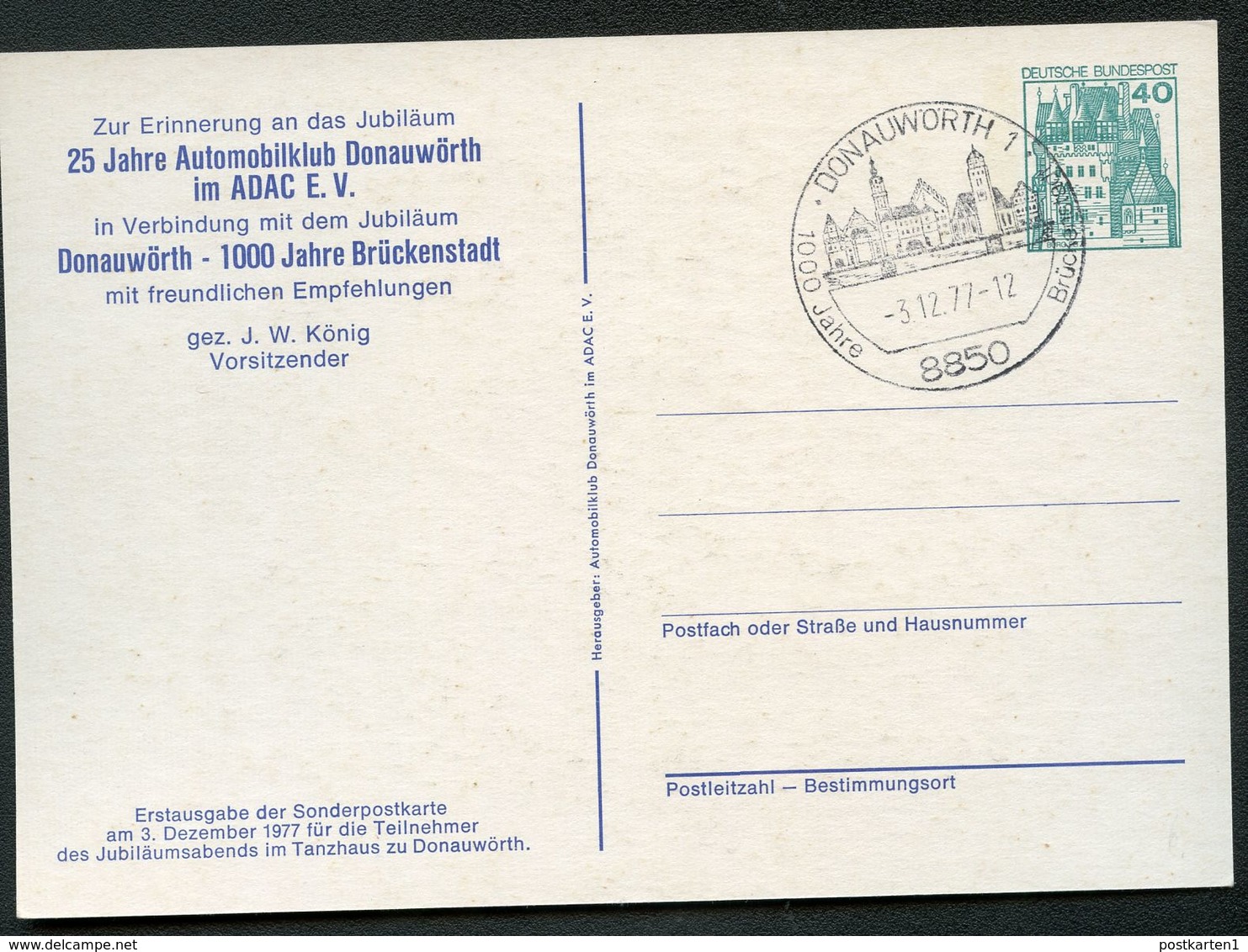 Bund PP100 D2/007 25 J. AUTOMOBILCLUB DONAUWÖRTH Sost. 1977 - Cartes Postales Privées - Oblitérées