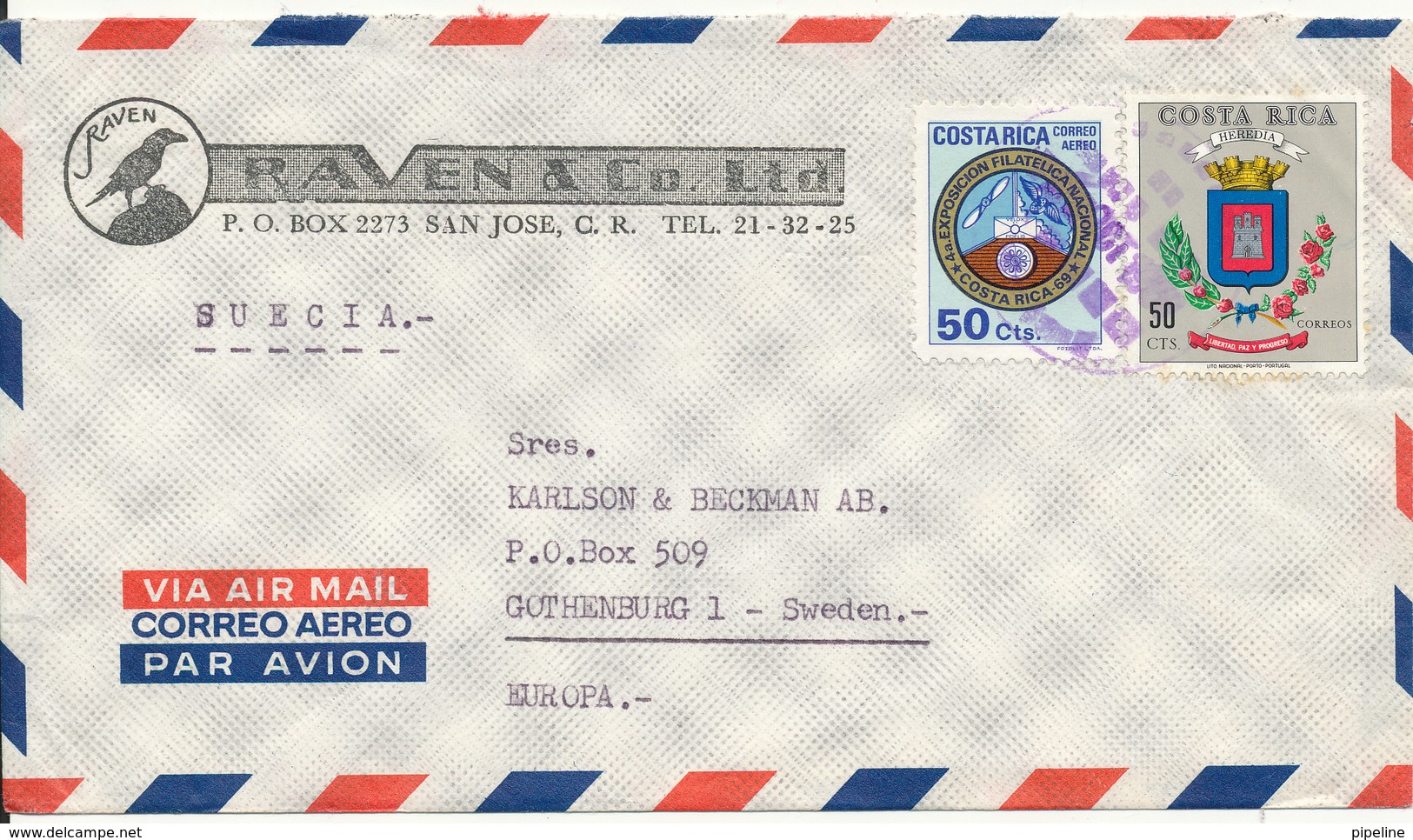 Costa Rica Air Mail Cover Sent To Sweden - Costa Rica