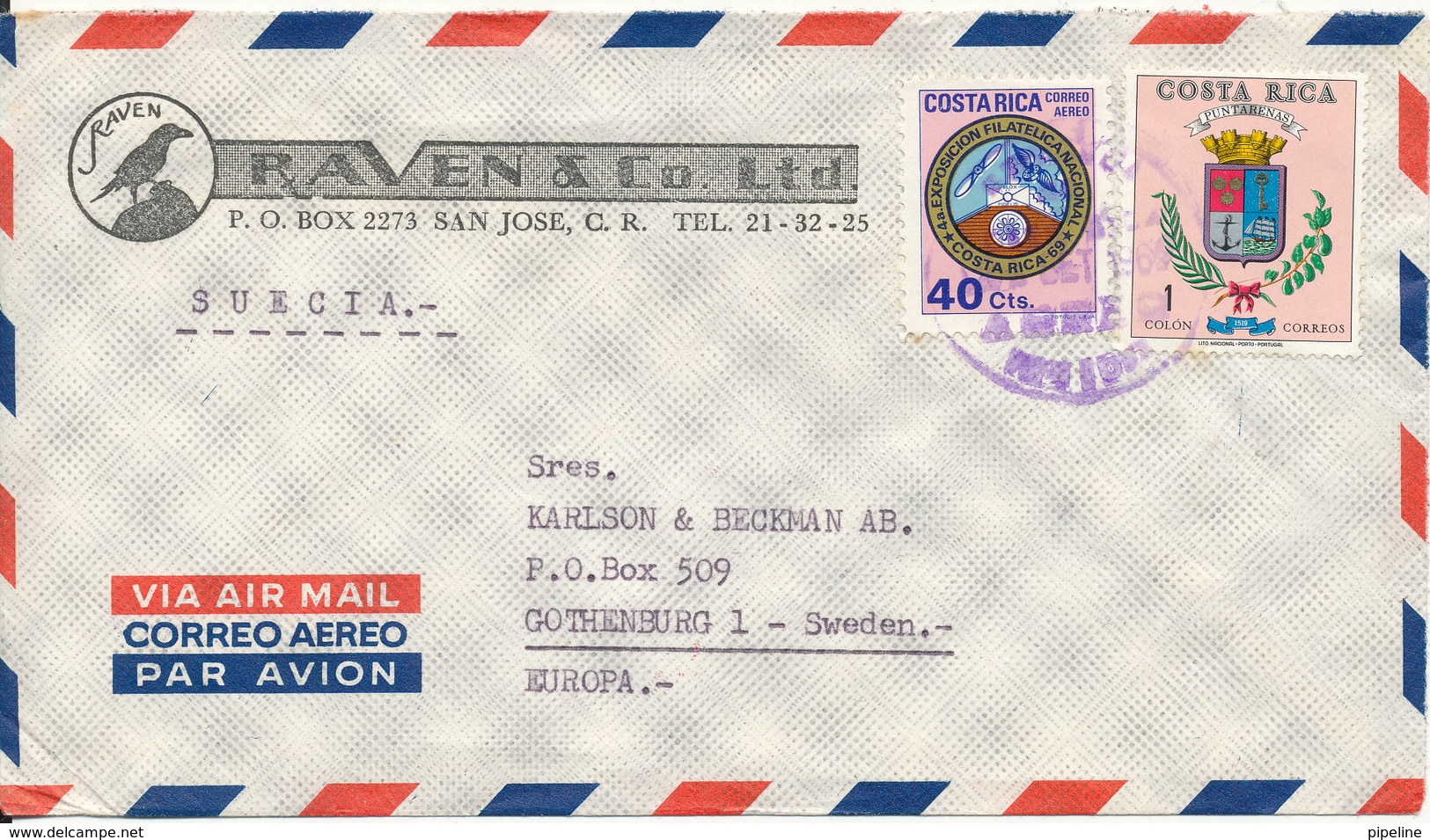 Costa Rica Air Mail Cover Sent To Sweden 1969 - Costa Rica