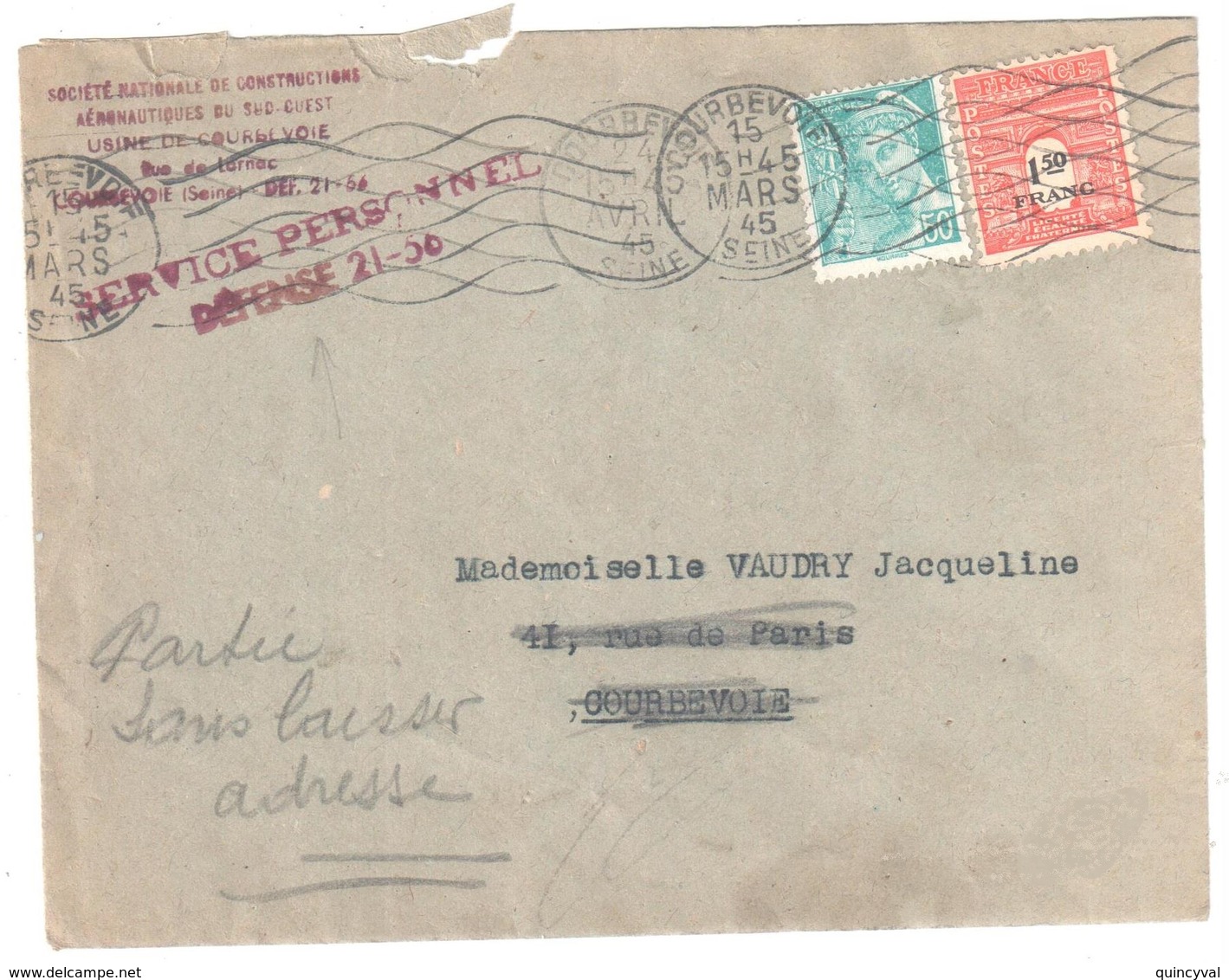 COURBEVOIE Seine Lettre Aéronautique Sud Ouest 1,50 F Arc Triomphe 4,50F Mercure Yv 538 708 Ob 15 3 1945 - Covers & Documents