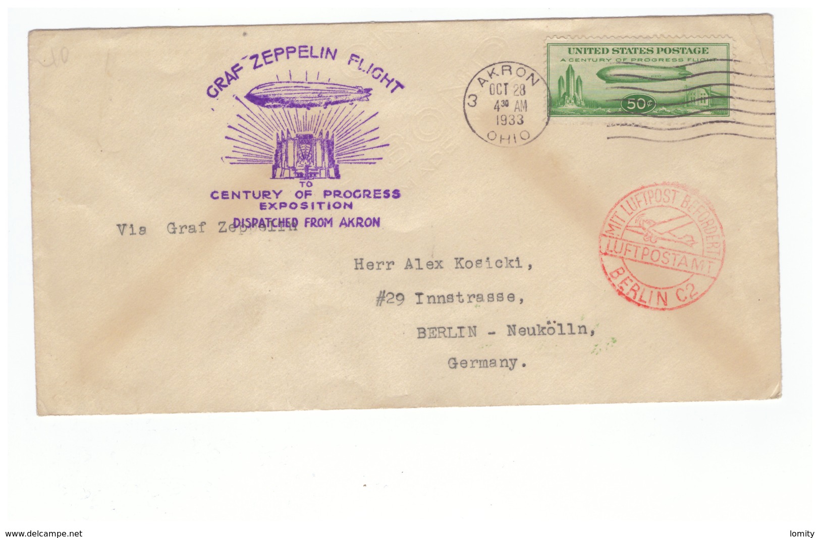 USA Graf Zeppelin Flight Cover 1933 Akron Lettre Cachet Rouge Mit Luftpost Berlin - Lettres & Documents